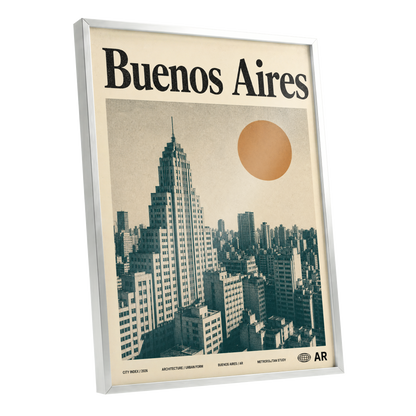 Buenos Aires Skyline, beige, green, orange minimalist wall art shown as a silver framed poster wall art print