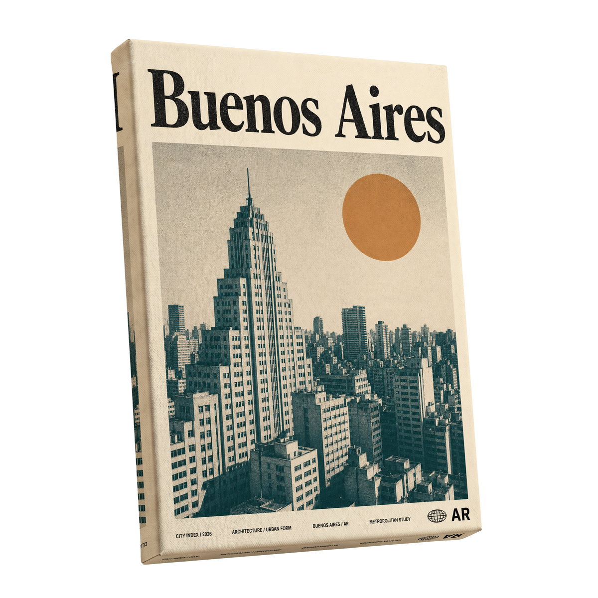 Buenos Aires Skyline, beige, green, orange minimalist wall art shown as a stretched canvas wall art