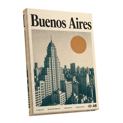 Buenos Aires Skyline, beige, green, orange minimalist wall art shown as a stretched canvas wall art
