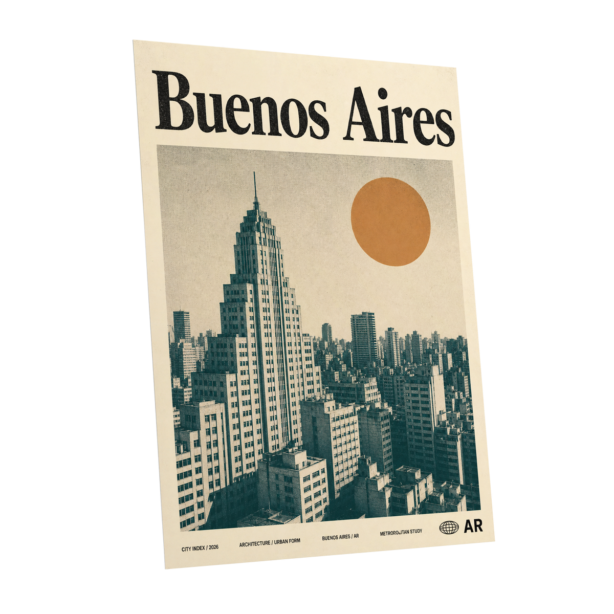 Buenos Aires Skyline, beige, green, orange minimalist wall art shown as a unframed poster wall art print