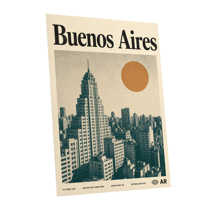 Buenos Aires Skyline, beige, green, orange minimalist wall art shown as a unframed poster wall art print