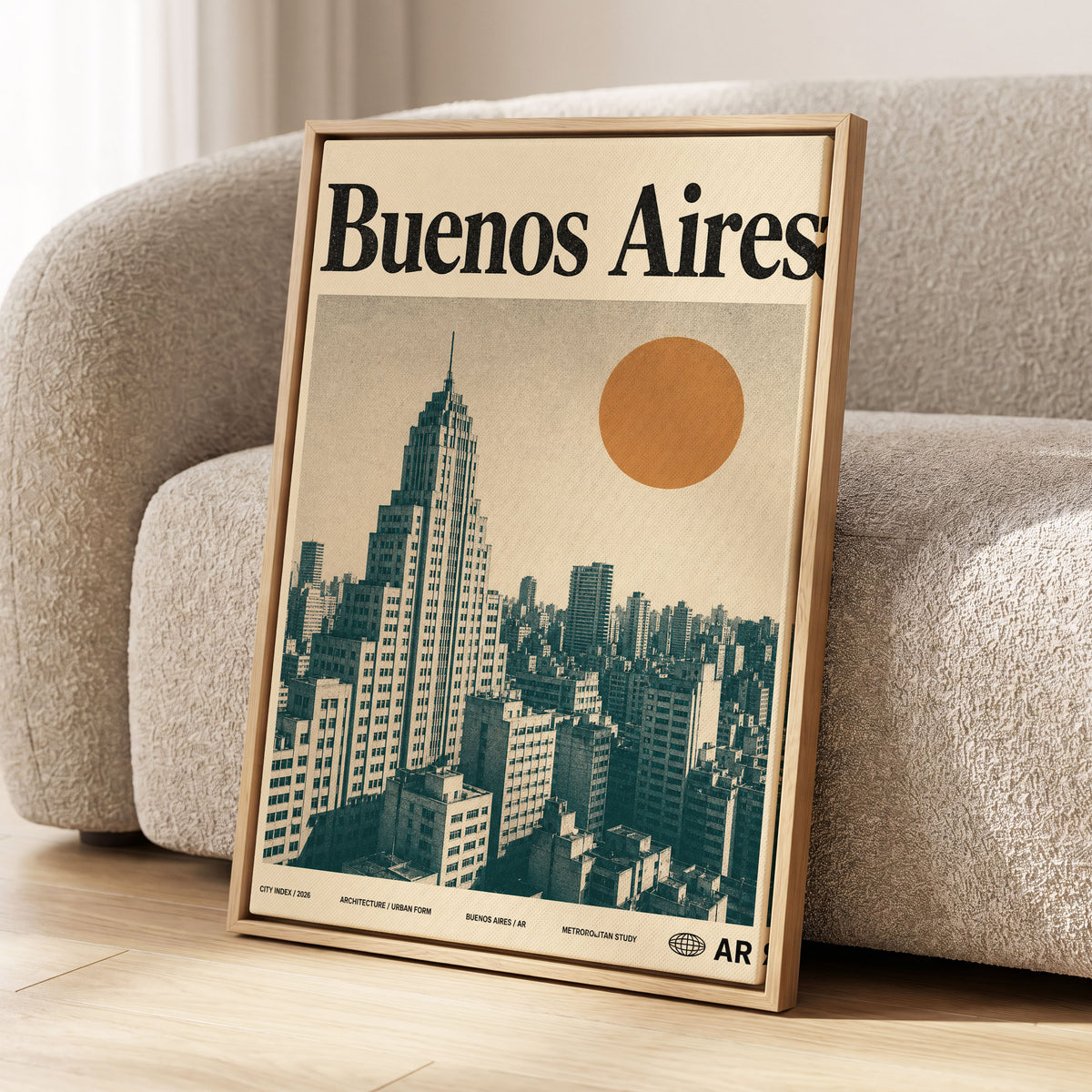Buenos Aires Skyline, beige, green, orange minimalist wall art displayed in a styled interior, gallery view 1