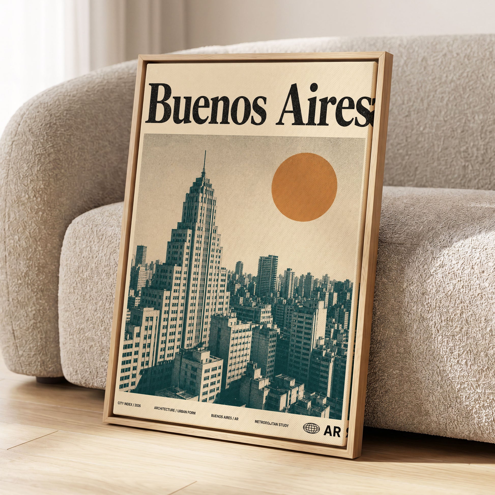 Buenos Aires Skyline, beige, green, orange minimalist wall art displayed in a styled interior, gallery view 1