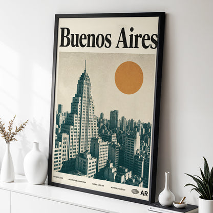 Buenos Aires Skyline, beige, green, orange minimalist wall art displayed in a styled interior, gallery view 2