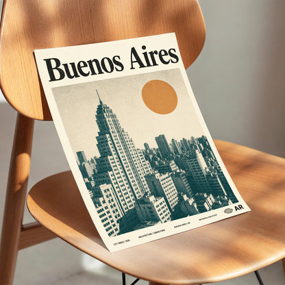 Buenos Aires Skyline, beige, green, orange minimalist wall art displayed in a styled interior, gallery view 3