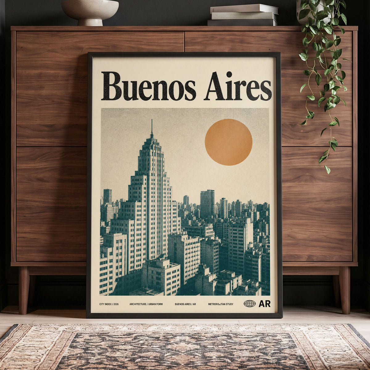 Buenos Aires Skyline, beige, green, orange minimalist wall art displayed in a styled interior, gallery view 4