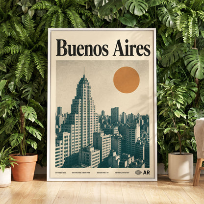 Buenos Aires Skyline, beige, green, orange minimalist wall art displayed in a styled interior, gallery view 5