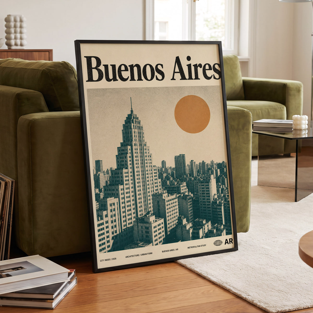 Buenos Aires Skyline, beige, green, orange minimalist wall art displayed in a styled interior, gallery view 6
