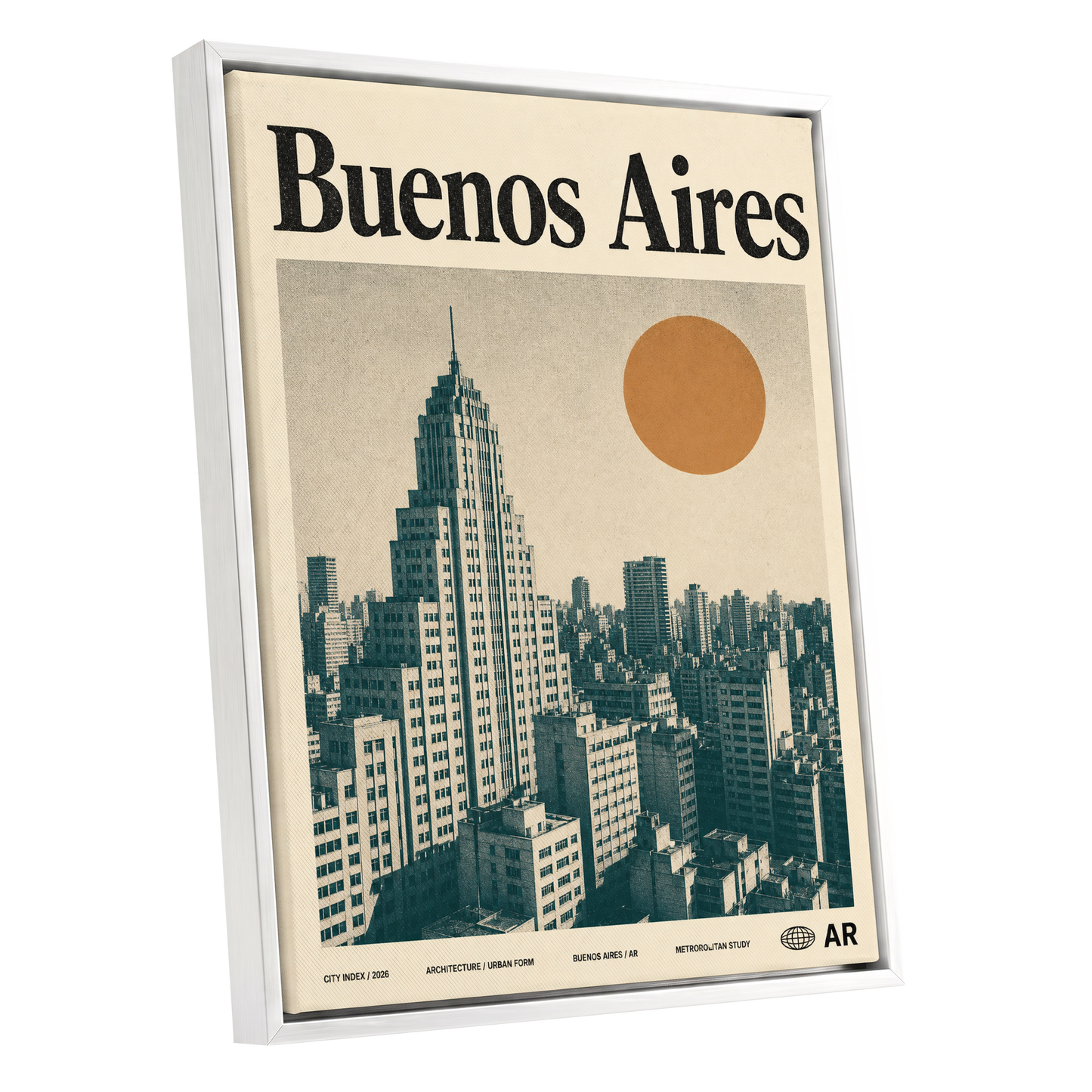 Buenos Aires Skyline, beige, green, orange minimalist wall art shown as a white framed canvas wall art