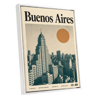 Buenos Aires Skyline, beige, green, orange minimalist wall art shown as a white framed canvas wall art