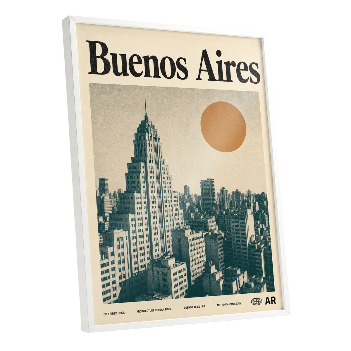 Buenos Aires Skyline, beige, green, orange minimalist wall art shown as a white framed poster wall art print