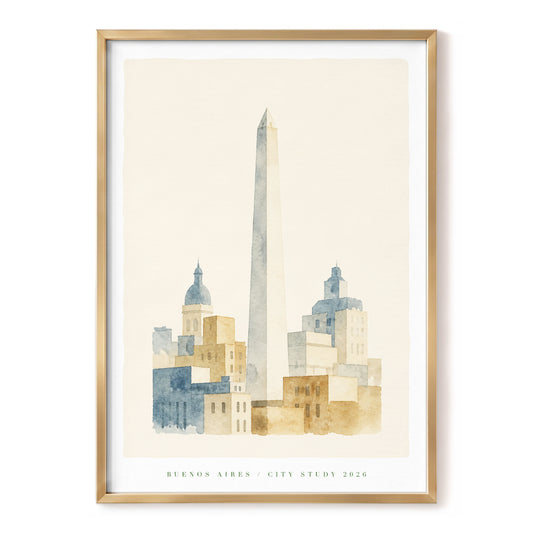 Buenos Aires Stillness, blue, beige, brown minimalist wall art, front artwork view