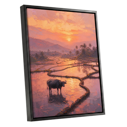 Buffalo at Blush Dusk, pink, orange, purple nature wall art shown as a black framed canvas wall art
