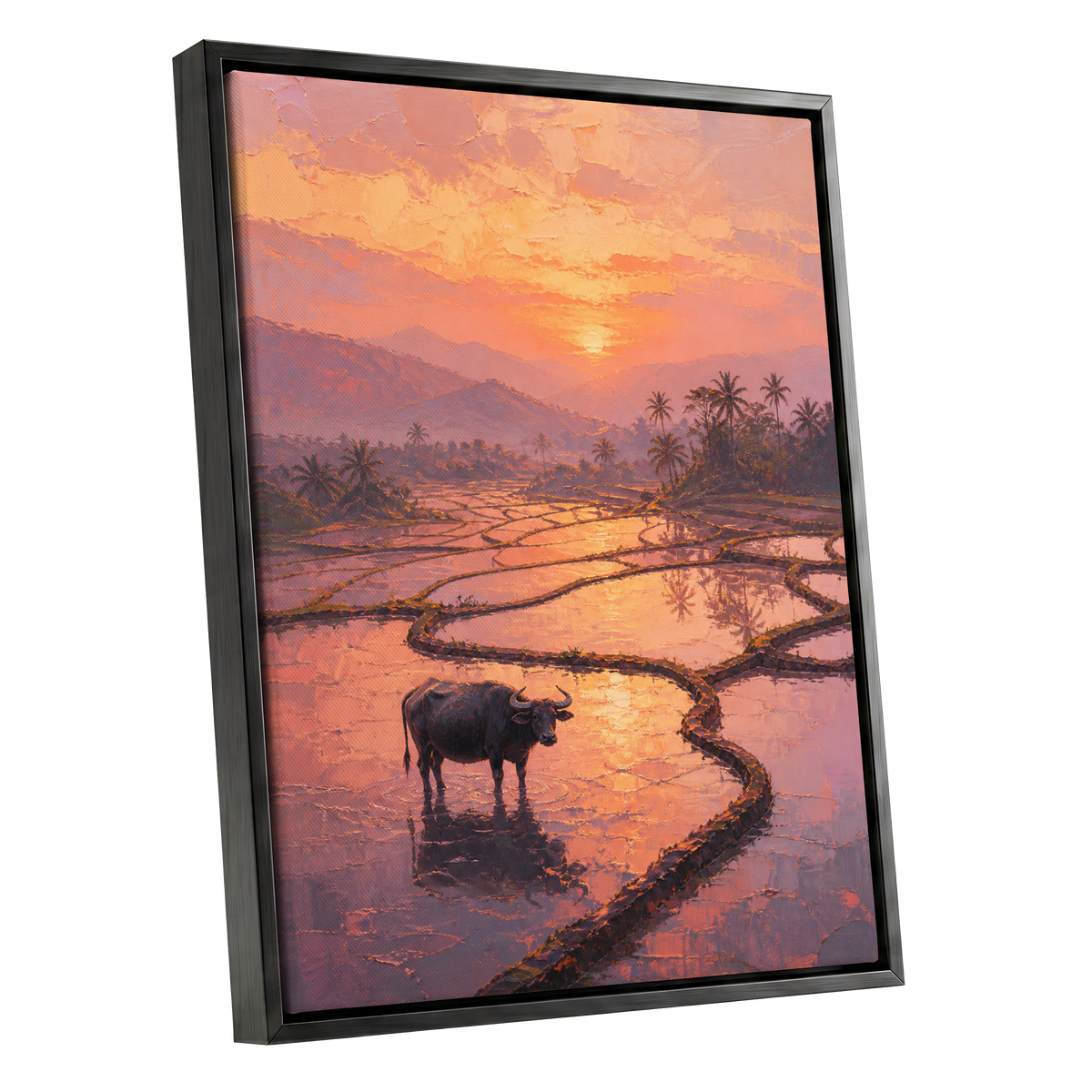 Buffalo at Blush Dusk, pink, orange, purple nature wall art shown as a black framed canvas wall art