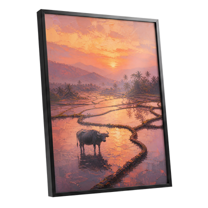 Buffalo at Blush Dusk, pink, orange, purple nature wall art shown as a black framed poster wall art print