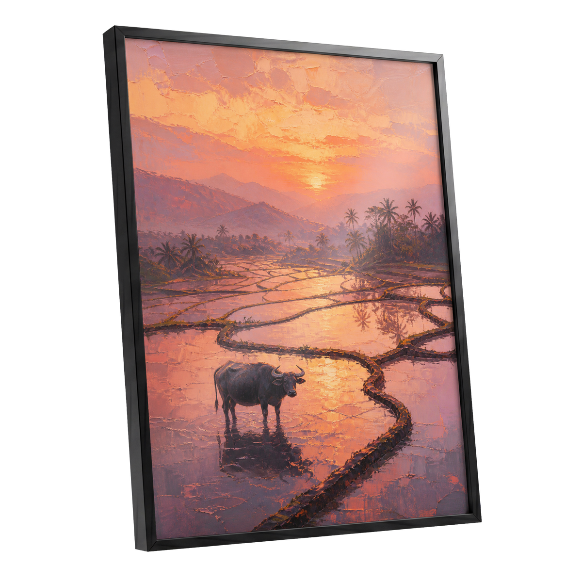 Buffalo at Blush Dusk, pink, orange, purple nature wall art shown as a black framed poster wall art print