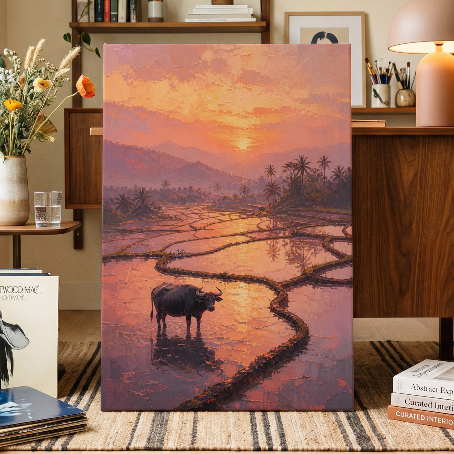 Buffalo at Blush Dusk, pink, orange, purple nature wall art on canvas displayed in a styled interior, gallery view 1