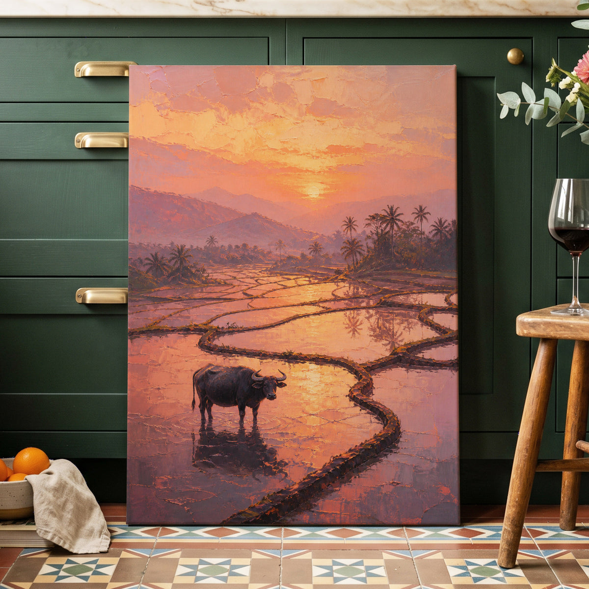 Buffalo at Blush Dusk, pink, orange, purple nature wall art on canvas displayed in a styled interior, gallery view 1