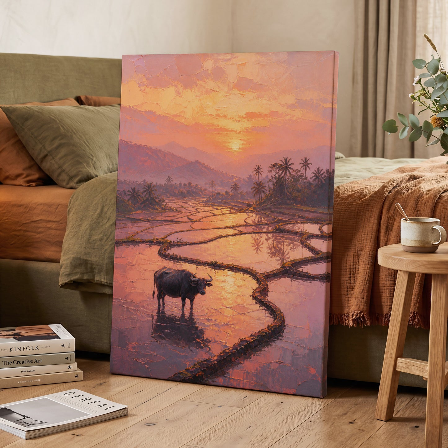Buffalo at Blush Dusk, pink, orange, purple nature wall art on canvas displayed in a styled interior, gallery view 2