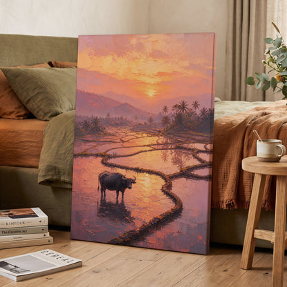 Buffalo at Blush Dusk, pink, orange, purple nature wall art on canvas displayed in a styled interior, gallery view 2