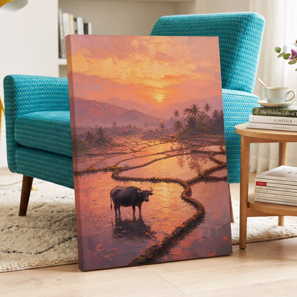 Buffalo at Blush Dusk, pink, orange, purple nature wall art on canvas displayed in a styled interior, gallery view 2