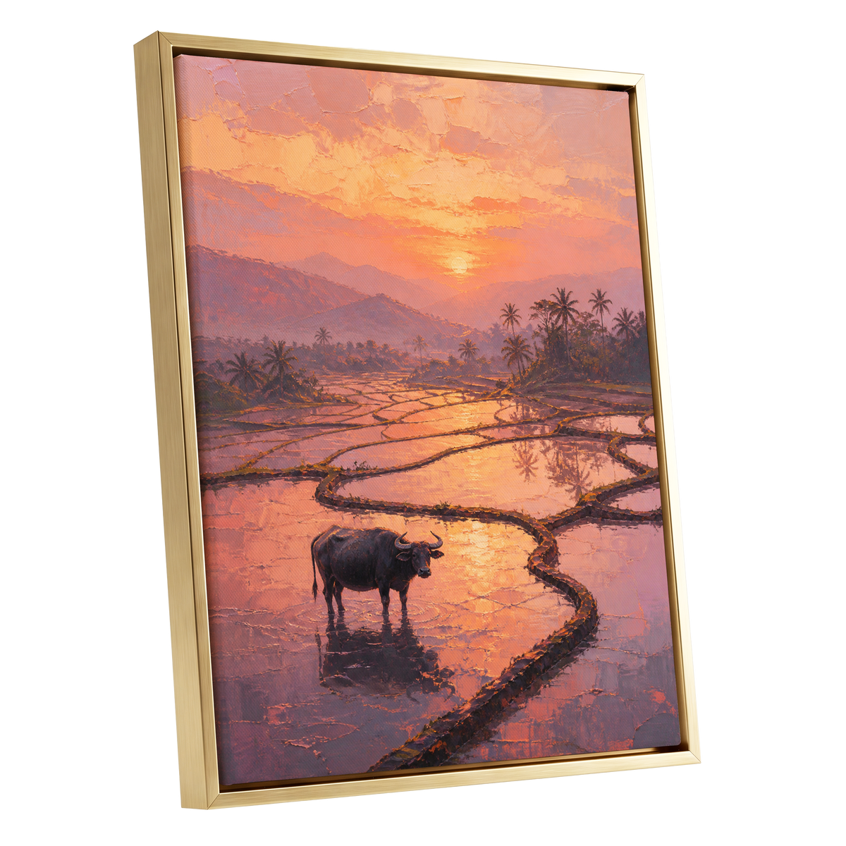 Buffalo at Blush Dusk, pink, orange, purple nature wall art shown as a gold framed canvas wall art