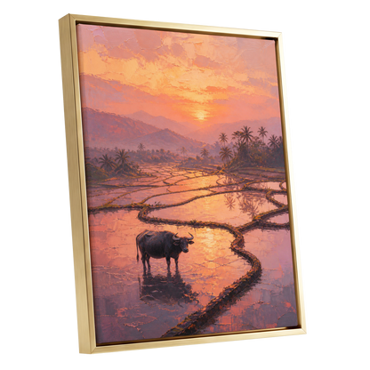 Buffalo at Blush Dusk, pink, orange, purple nature wall art shown as a gold framed canvas wall art