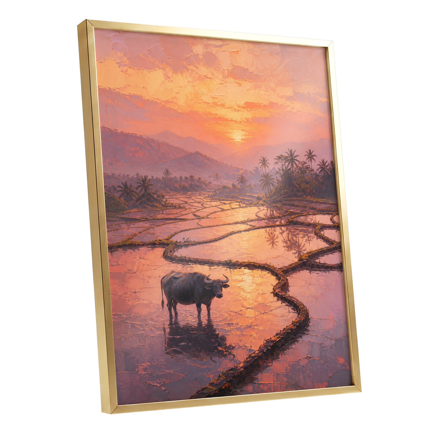 Buffalo at Blush Dusk, pink, orange, purple nature wall art shown as a gold framed poster wall art print