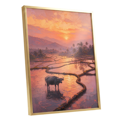 Buffalo at Blush Dusk, pink, orange, purple nature wall art shown as a gold framed poster wall art print