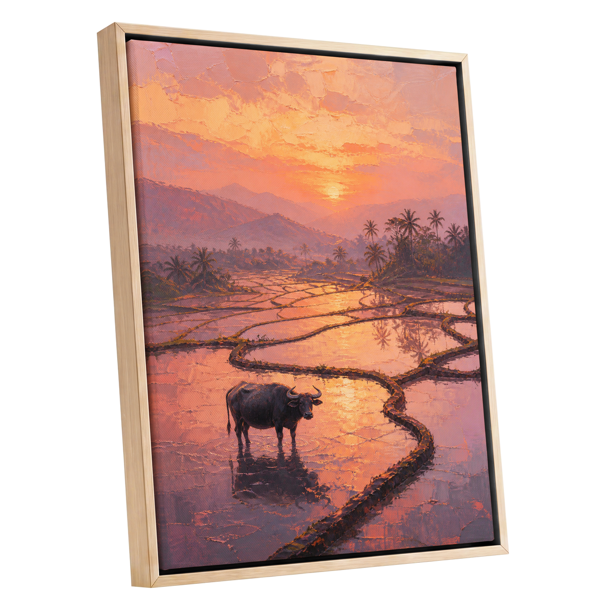 Buffalo at Blush Dusk, pink, orange, purple nature wall art shown as a oak framed canvas wall art