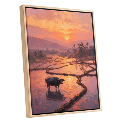 Buffalo at Blush Dusk, pink, orange, purple nature wall art shown as a oak framed canvas wall art