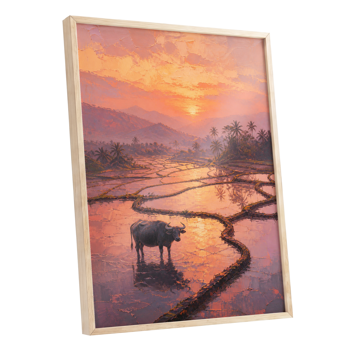 Buffalo at Blush Dusk, pink, orange, purple nature wall art shown as a oak framed poster wall art print