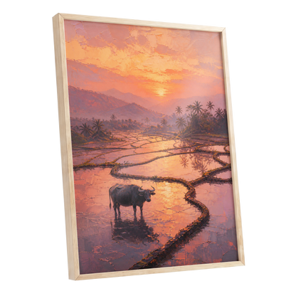 Buffalo at Blush Dusk, pink, orange, purple nature wall art shown as a oak framed poster wall art print
