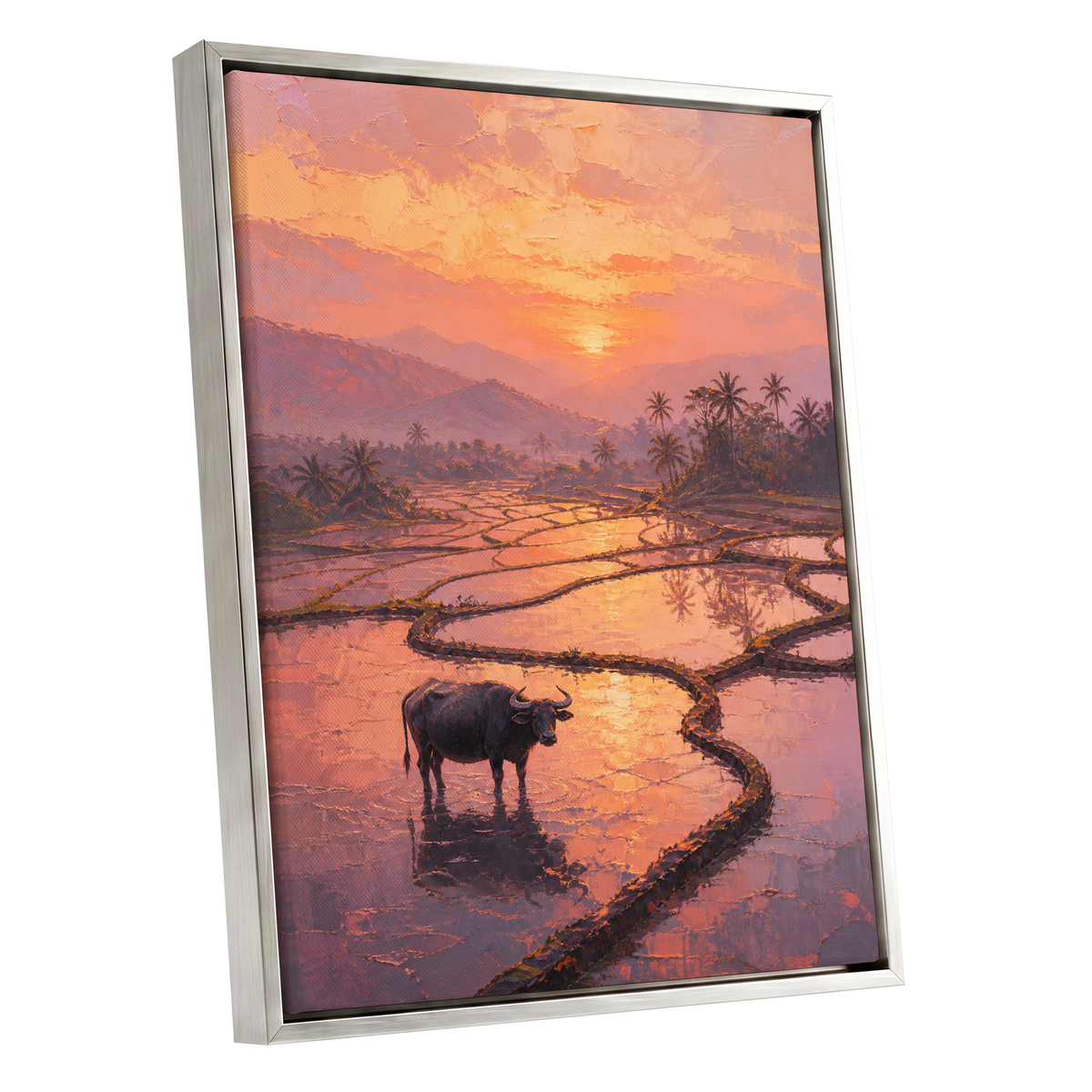Buffalo at Blush Dusk, pink, orange, purple nature wall art shown as a silver framed canvas wall art