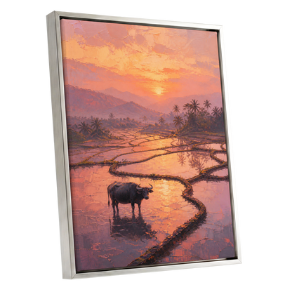 Buffalo at Blush Dusk, pink, orange, purple nature wall art shown as a silver framed canvas wall art