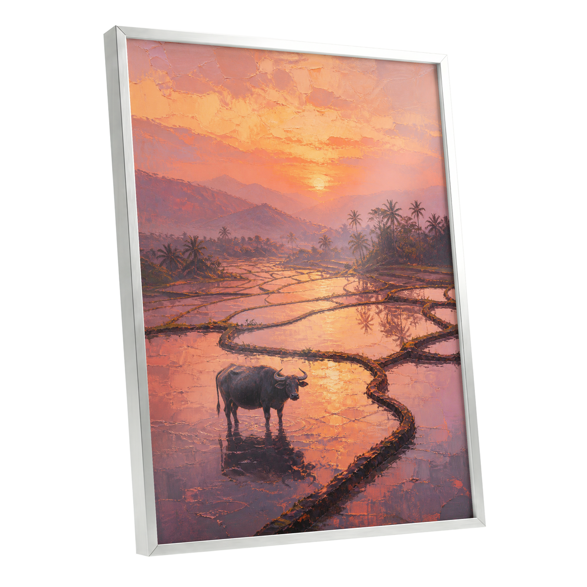 Buffalo at Blush Dusk, pink, orange, purple nature wall art shown as a silver framed poster wall art print