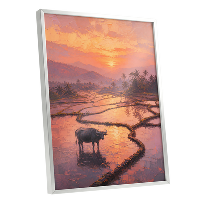 Buffalo at Blush Dusk, pink, orange, purple nature wall art shown as a silver framed poster wall art print