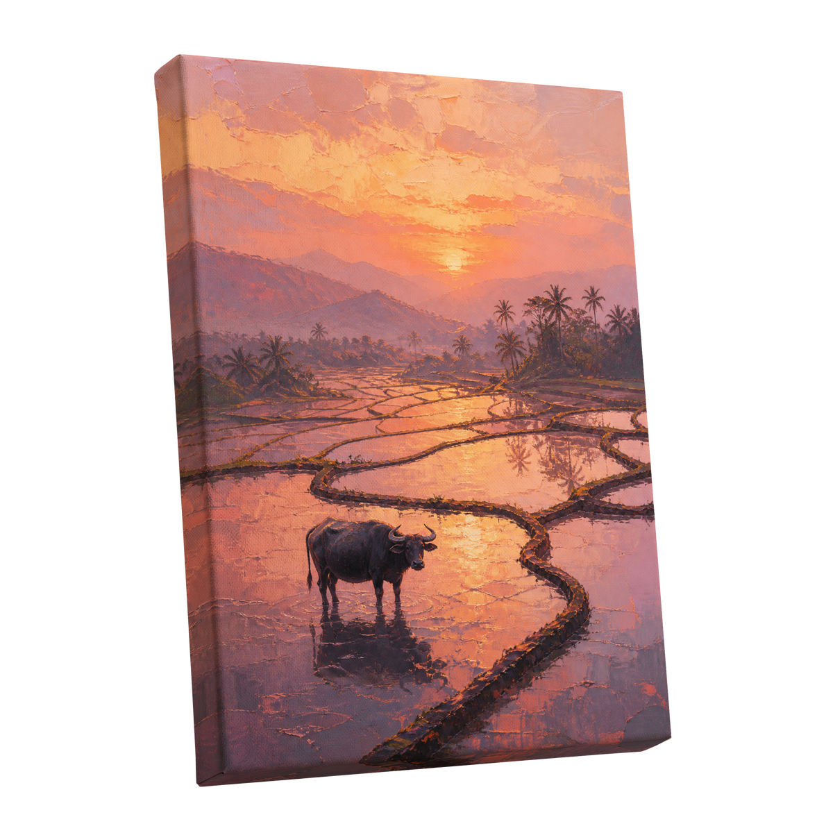 Buffalo at Blush Dusk, pink, orange, purple nature wall art shown as a stretched canvas wall art