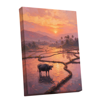 Buffalo at Blush Dusk, pink, orange, purple nature wall art shown as a stretched canvas wall art