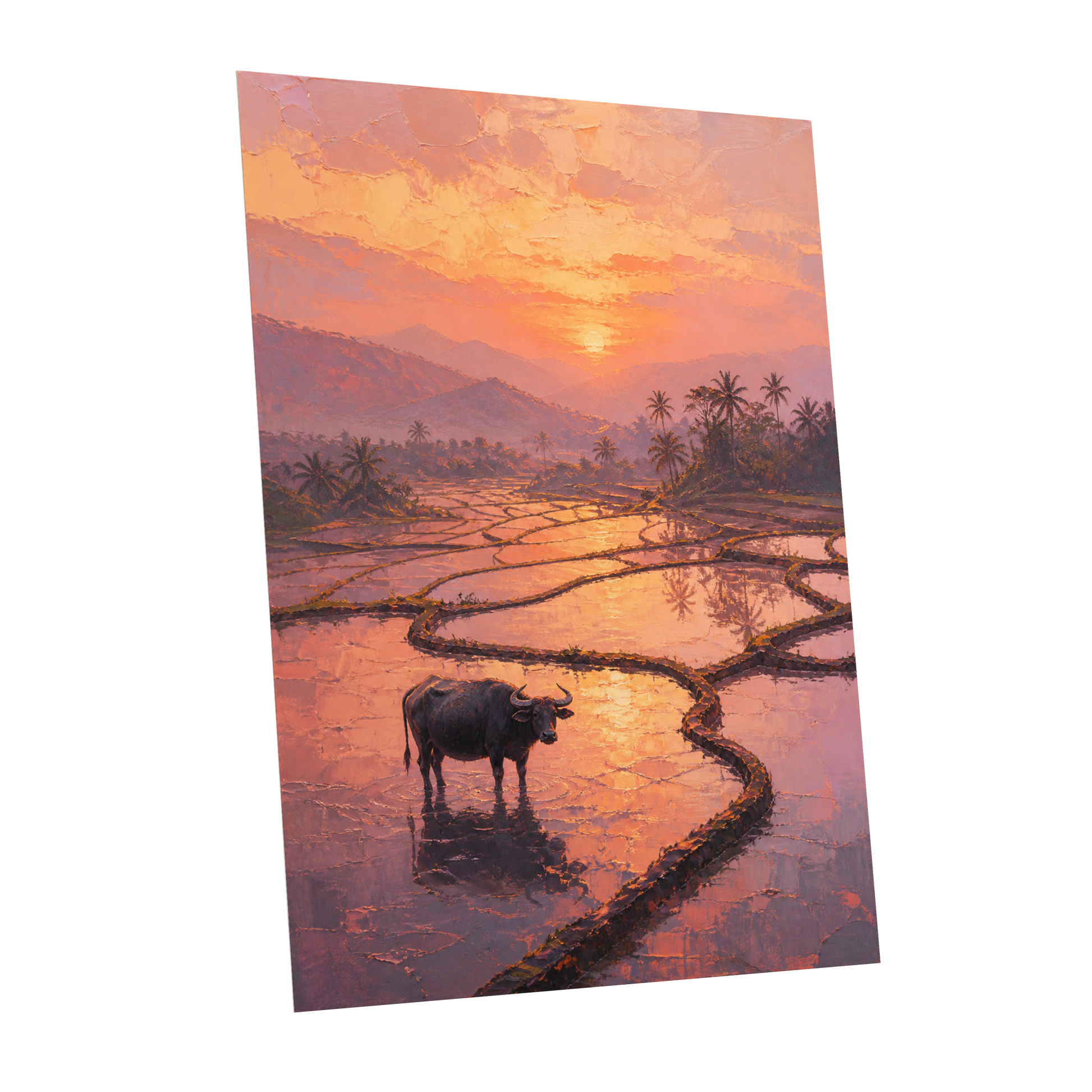 Buffalo at Blush Dusk, pink, orange, purple nature wall art shown as a unframed poster wall art print
