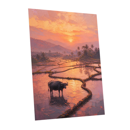 Buffalo at Blush Dusk, pink, orange, purple nature wall art shown as a unframed poster wall art print