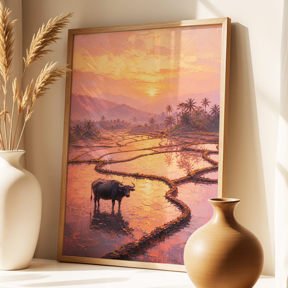 Buffalo at Blush Dusk, pink, orange, purple nature wall art displayed in a styled interior, gallery view 1