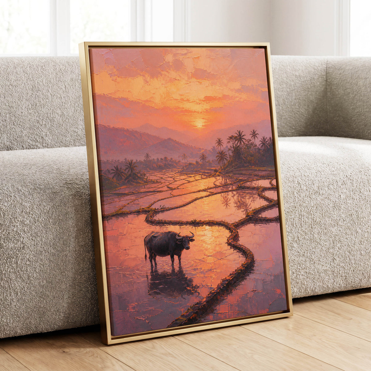 Buffalo at Blush Dusk, pink, orange, purple nature wall art displayed in a styled interior, gallery view 1