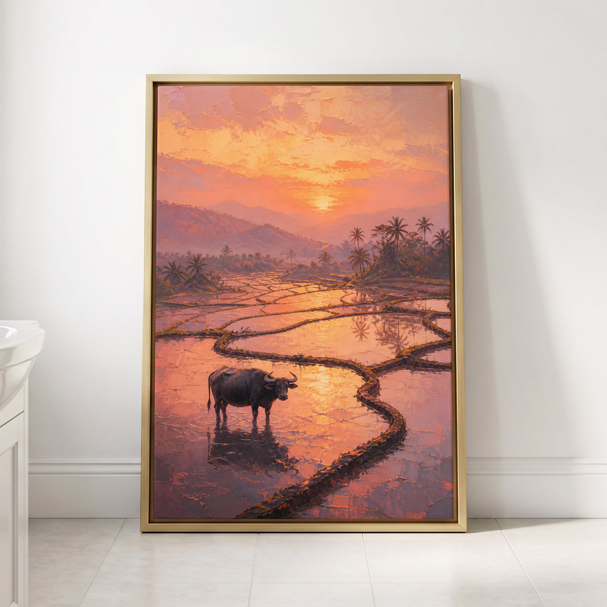 Buffalo at Blush Dusk, pink, orange, purple nature wall art displayed in a styled interior, gallery view 2