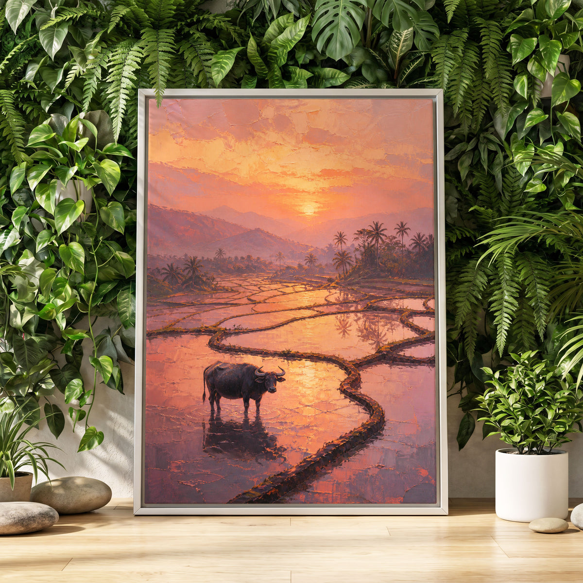 Buffalo at Blush Dusk, pink, orange, purple nature wall art displayed in a styled interior, gallery view 2