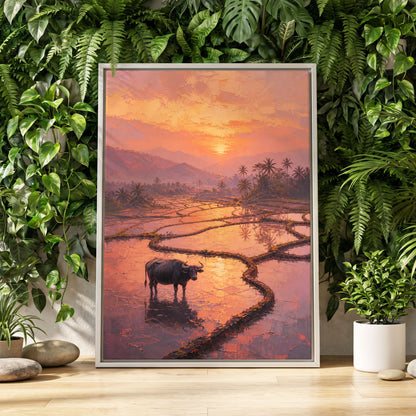 Buffalo at Blush Dusk, pink, orange, purple nature wall art displayed in a styled interior, gallery view 2