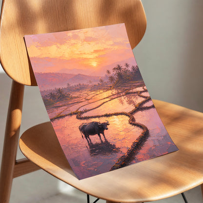 Buffalo at Blush Dusk, pink, orange, purple nature wall art displayed in a styled interior, gallery view 3