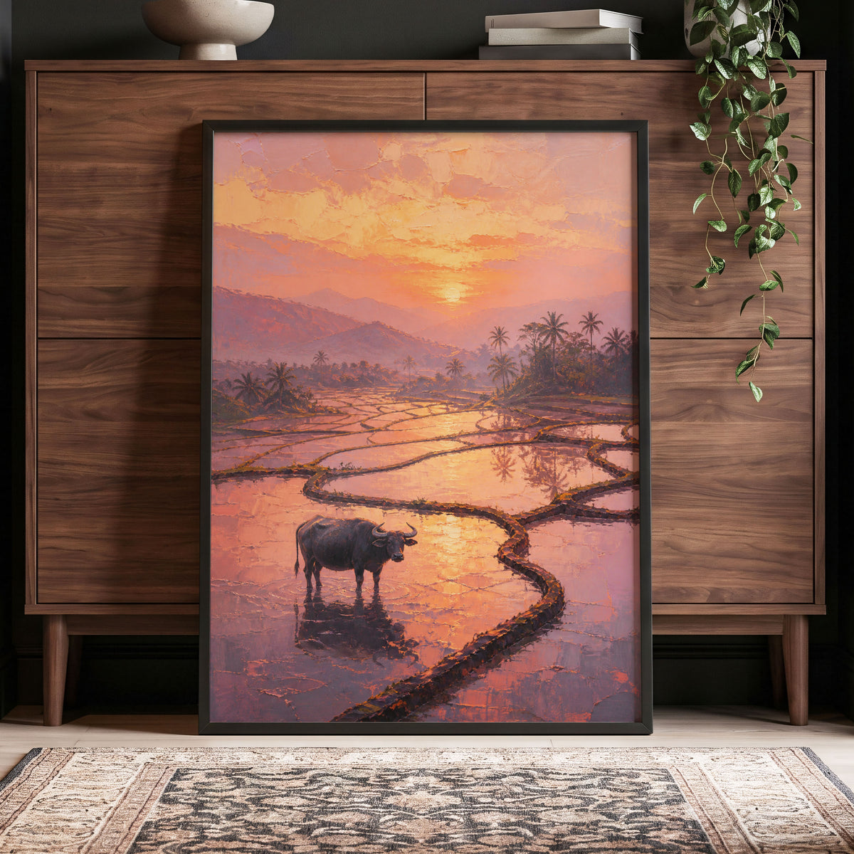 Buffalo at Blush Dusk, pink, orange, purple nature wall art displayed in a styled interior, gallery view 4