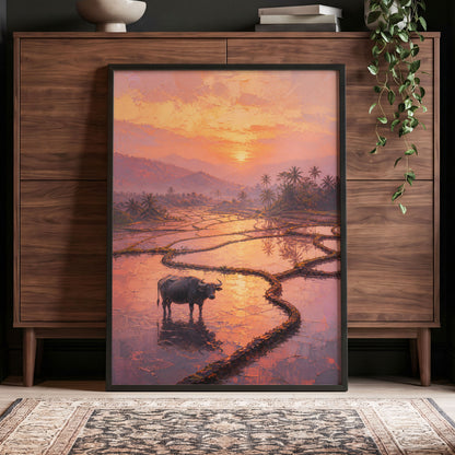 Buffalo at Blush Dusk, pink, orange, purple nature wall art displayed in a styled interior, gallery view 4