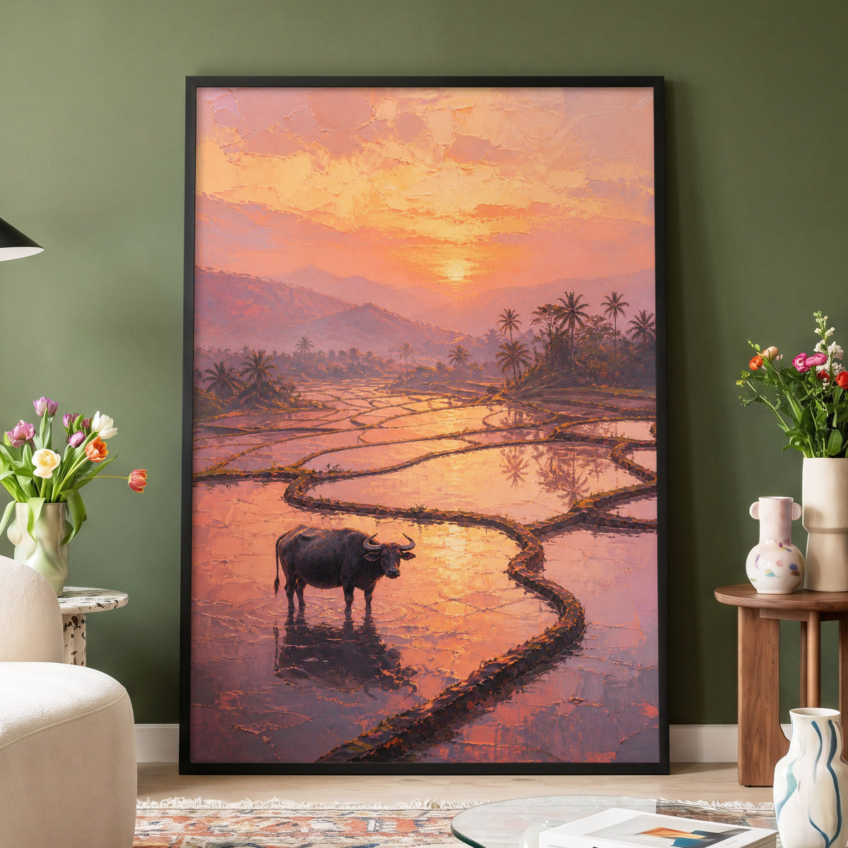 Buffalo at Blush Dusk, pink, orange, purple nature wall art displayed in a styled interior, gallery view 4